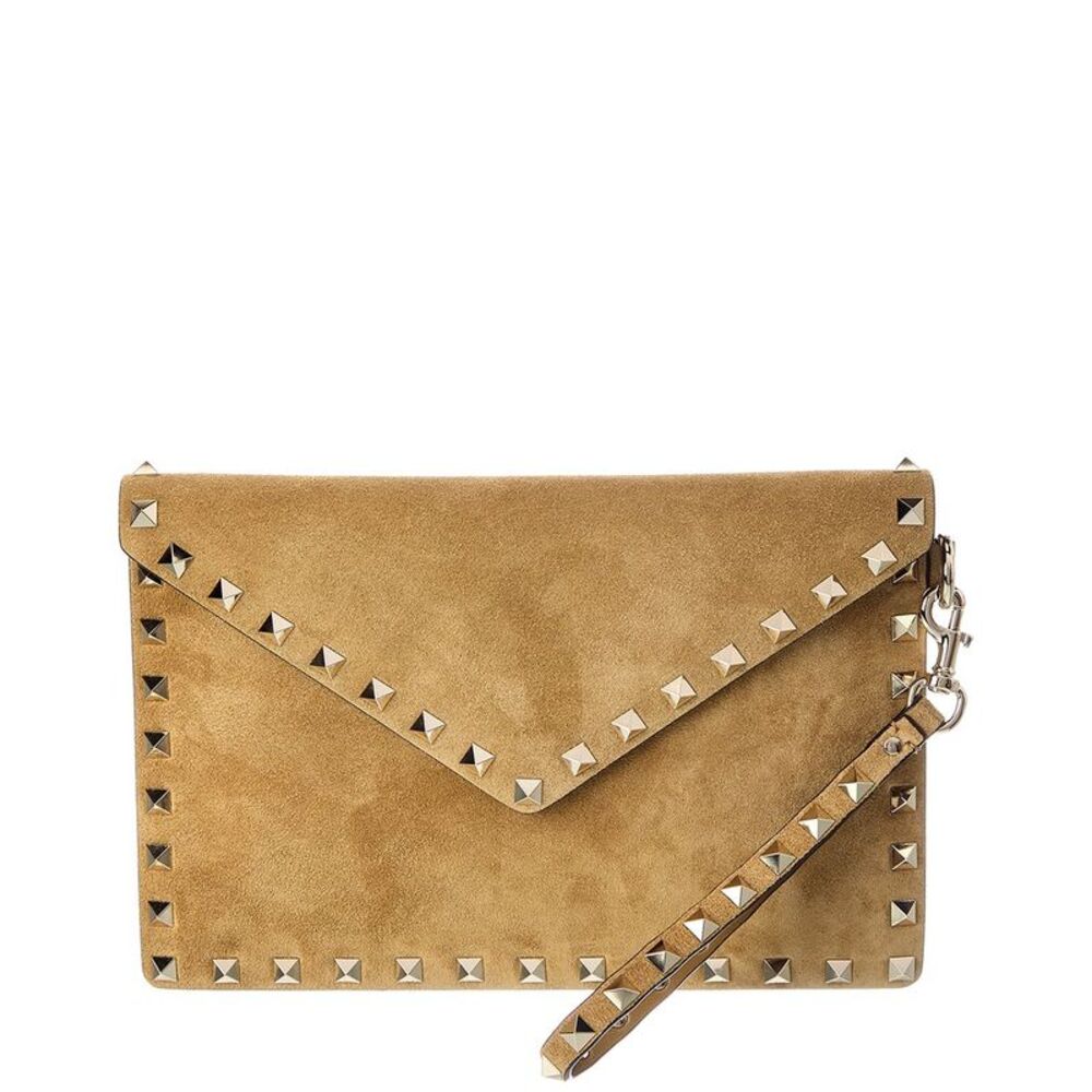 Valentino Rockstud Suede Clutch, Brown